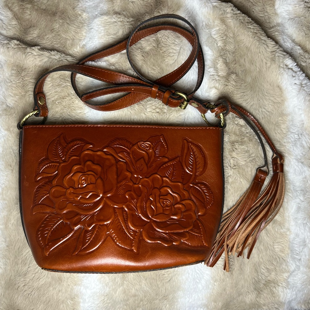 Patricia Nash Voletta Tooled Leather Floral Crossbody Brown Tassel Bag